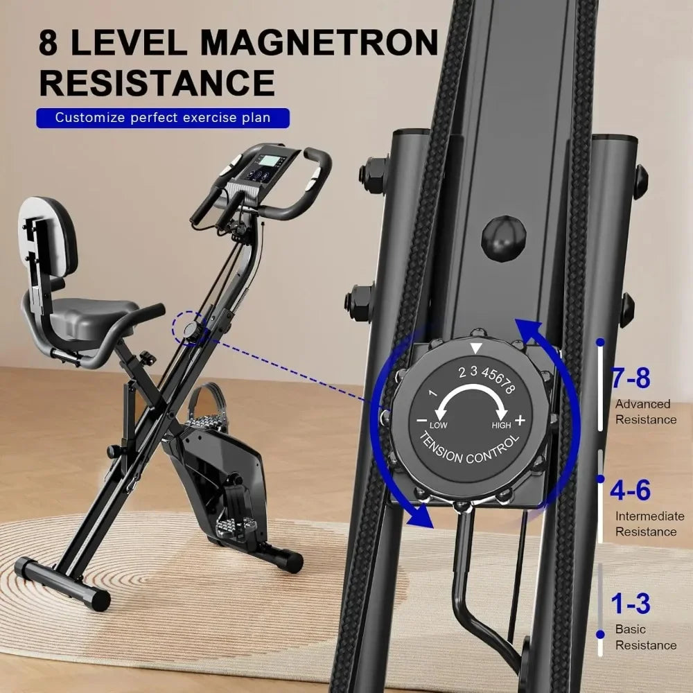 Bicicleta ergométrica dobrável de resistência de 8 níveis com sensores de frequência cardíaca e display LCD para sessões de treinamento físico de ciclismo interno