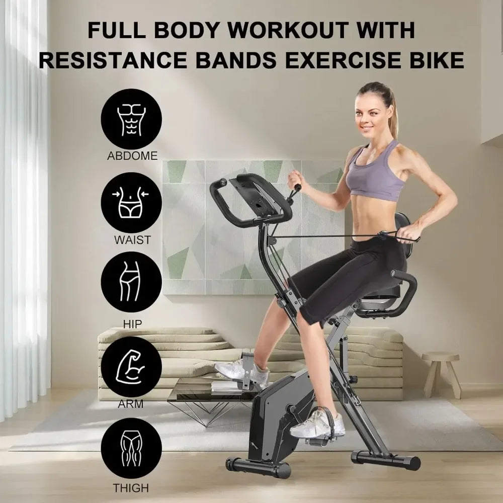 Bicicleta ergométrica dobrável de resistência de 8 níveis com sensores de frequência cardíaca e display LCD para sessões de treinamento físico de ciclismo interno