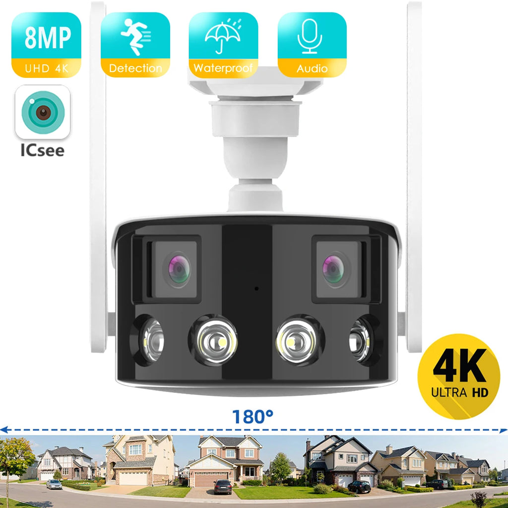 Câmera fixa panorâmica de lente dupla WIFI 2K 4MP 180 °   Grande ângulo de visão ao ar livre câmera IP 4K 8MP HD AI câmera de segurança humana ICsee
