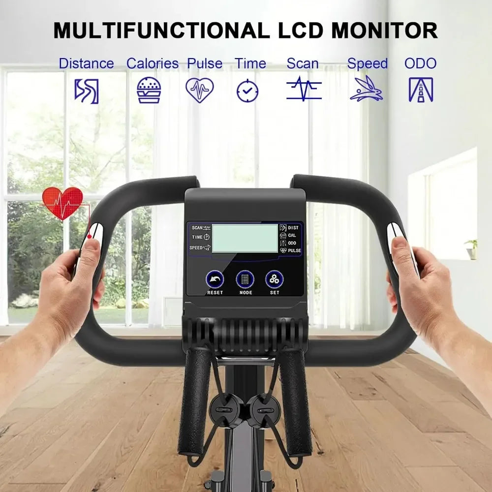 Bicicleta ergométrica dobrável de resistência de 8 níveis com sensores de frequência cardíaca e display LCD para sessões de treinamento físico de ciclismo interno