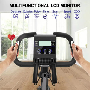 Bicicleta ergométrica dobrável de resistência de 8 níveis com sensores de frequência cardíaca e display LCD para sessões de treinamento físico de ciclismo interno