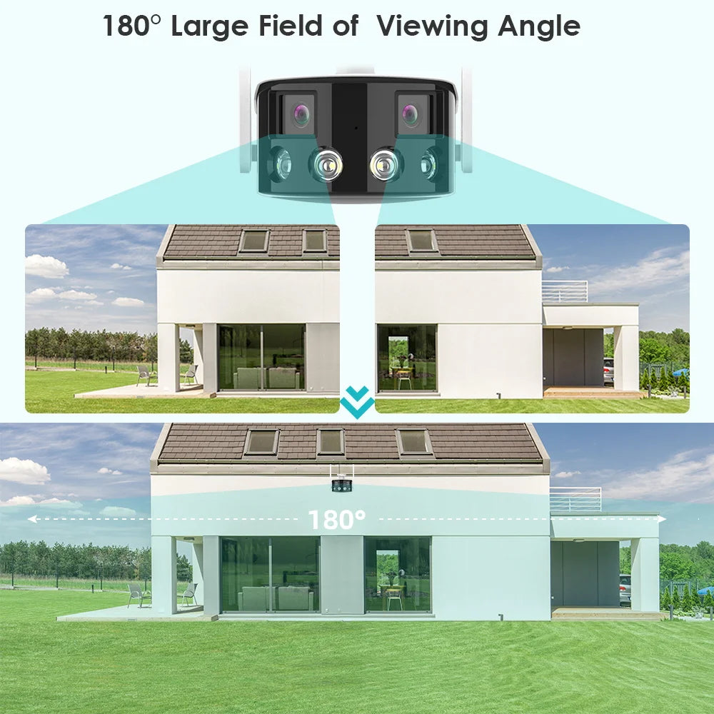 Câmera fixa panorâmica de lente dupla WIFI 2K 4MP 180 °   Grande ângulo de visão ao ar livre câmera IP 4K 8MP HD AI câmera de segurança humana ICsee